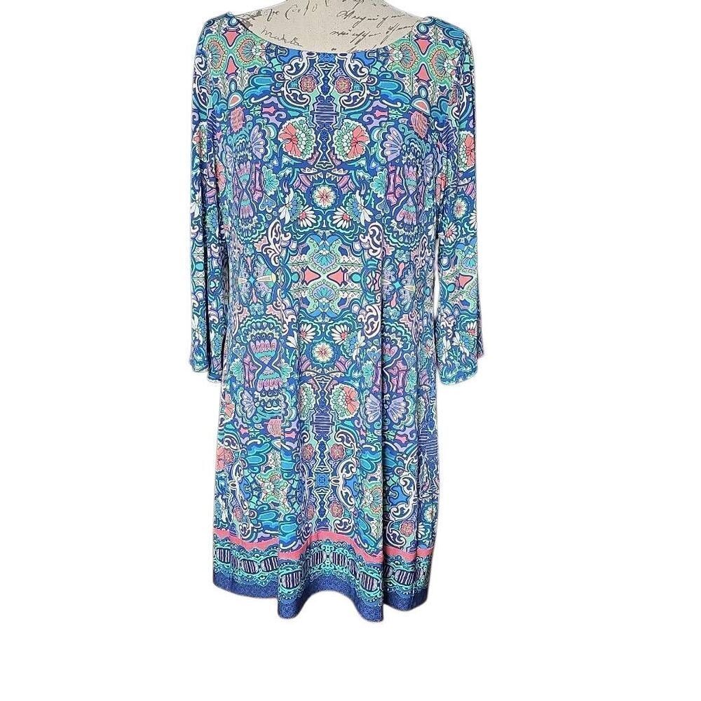 Laundry by Shelli Segal Women's Size Large Blue Floral Paisley Bell Sleeve Dress
